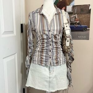 Vintage Striped Button-Up Ruched Top